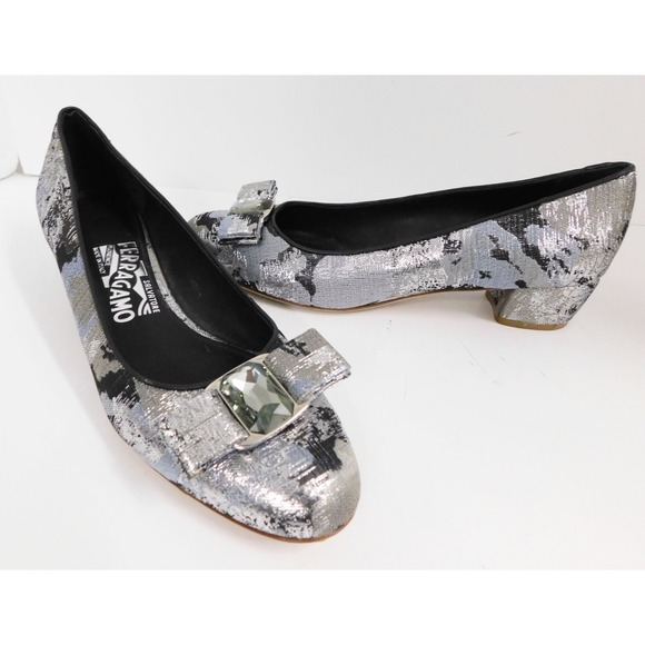 Salvatore Ferragamo Shoes - Salvatore Ferragamo Silver Multi Jeweled Bow‎ Pumps 7B